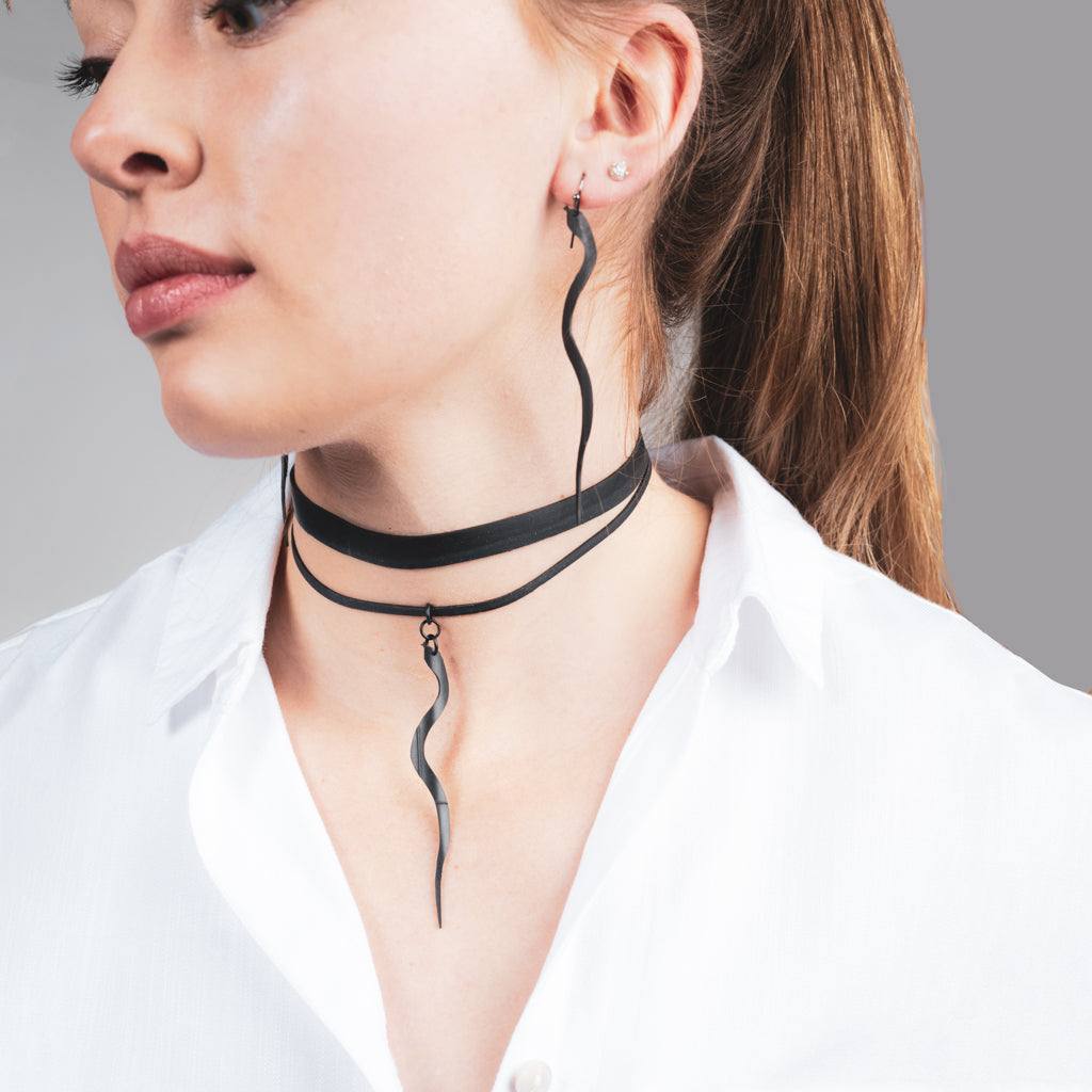 Snake Charm Ribbon Choker and Earrings handcrafted in Black Verdasil™, Verdalux™ collection — Designs That Elevate. Performance jewelry by KADEN & KAI®.