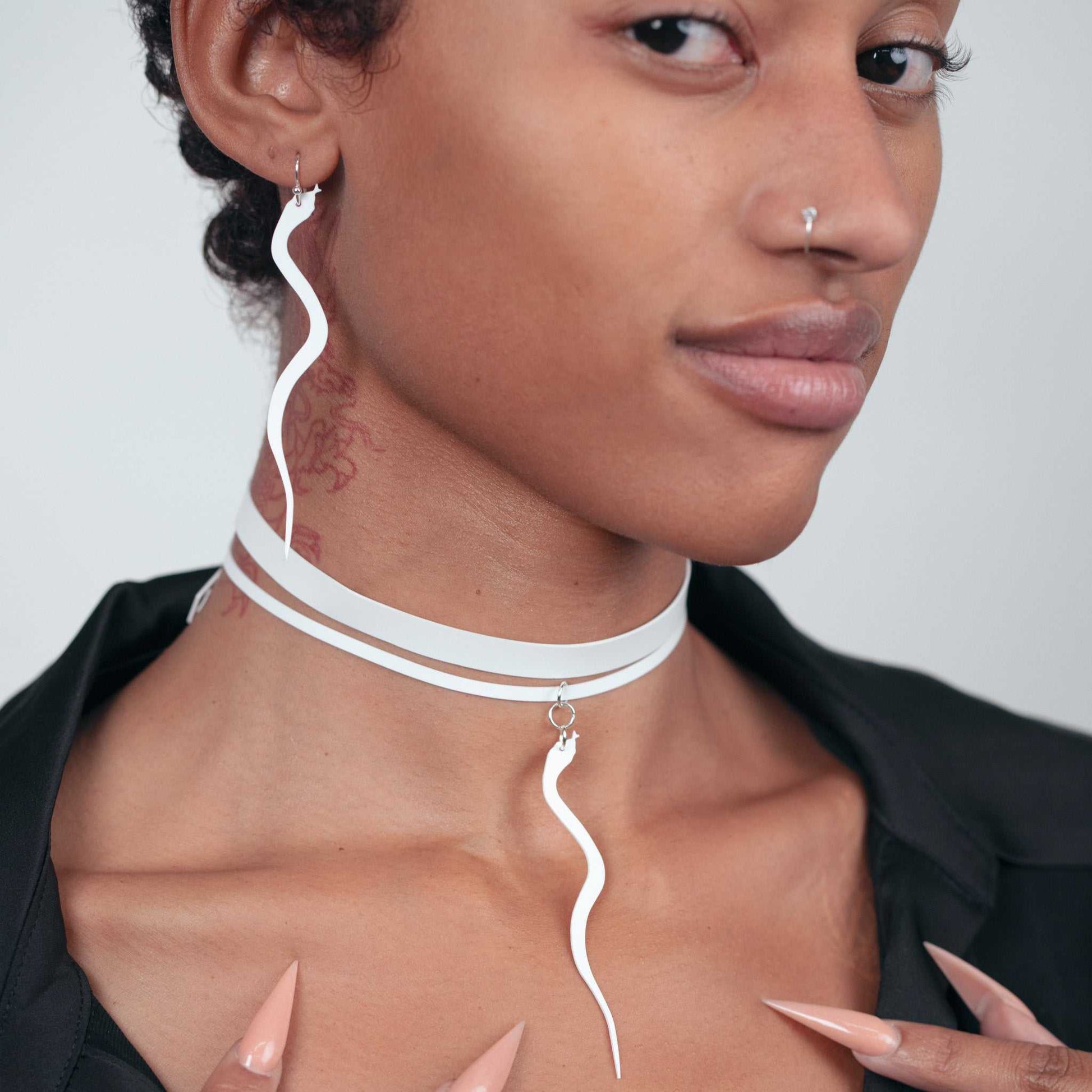 Snake Charm Ribbon Choker and Earrings handcrafted in White Verdasil™, Verdalux™ collection — Designs That Elevate. Performance jewelry by KADEN & KAI®.