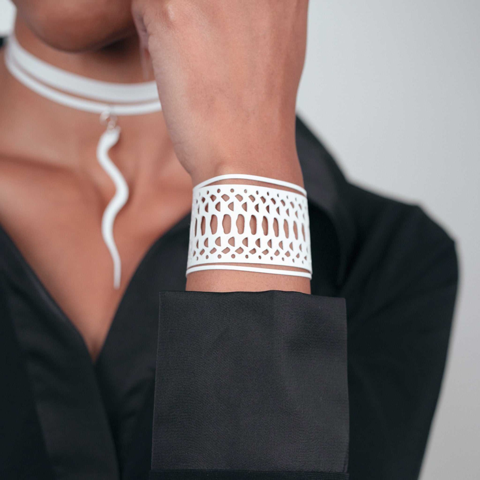 Snakeskin Bracelet and Snake Charm Ribbon Choker handcrafted in White Verdasil™, Verdacious™ collection — Bold By Design. Performance jewelry by KADEN & KAI®