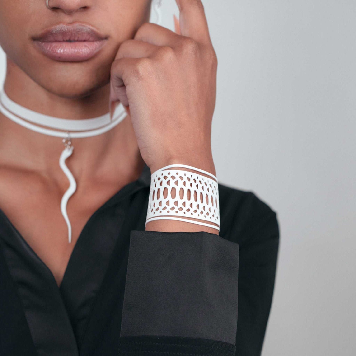 Snakeskin Bracelet and Snake Charm Ribbon Choker handcrafted in White Verdasil® | Verdacious - Bold By Design | Sustainable Fashion Jewelry |  KADEN & KAI®