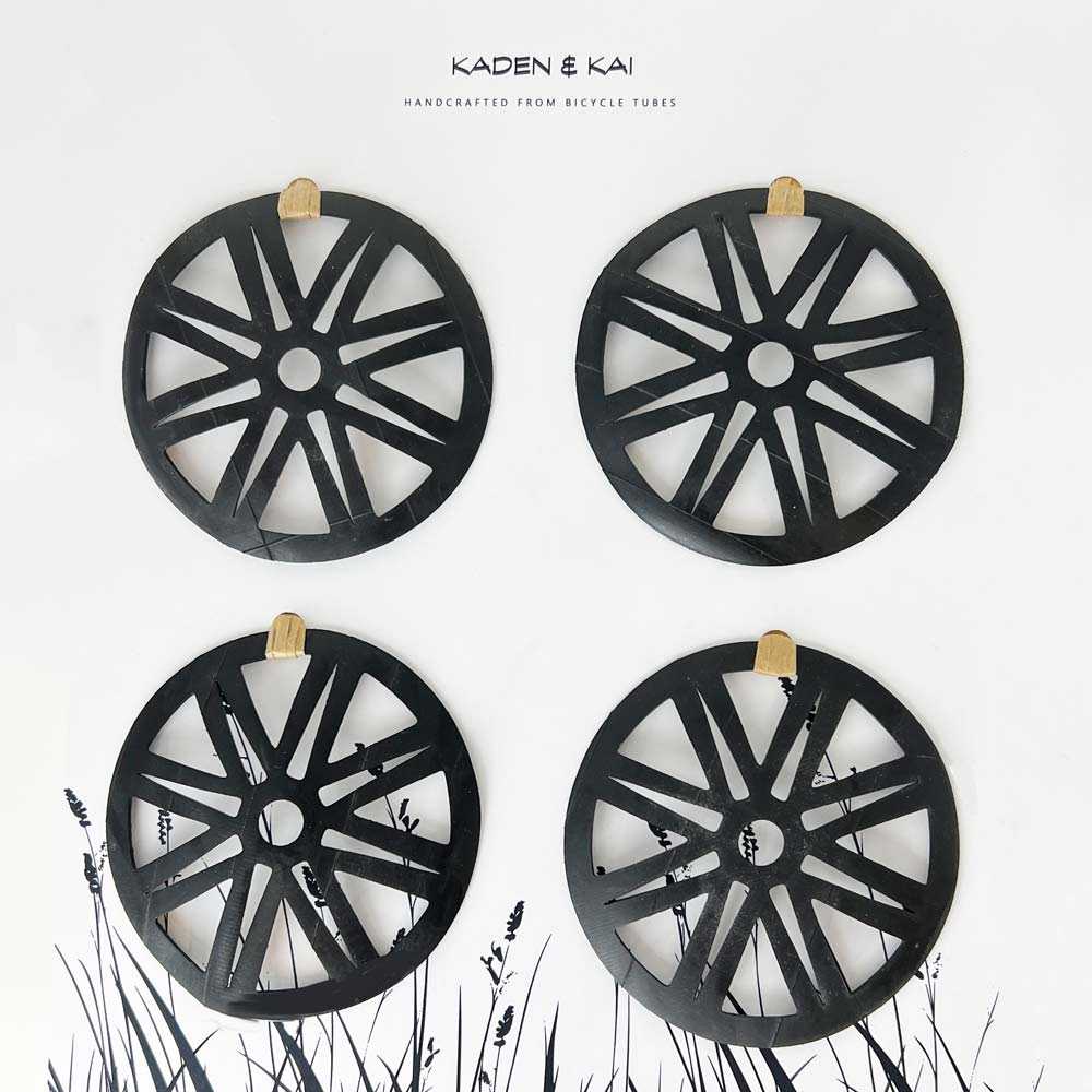Coasters handcrafted from upcycled bicycle tubes.