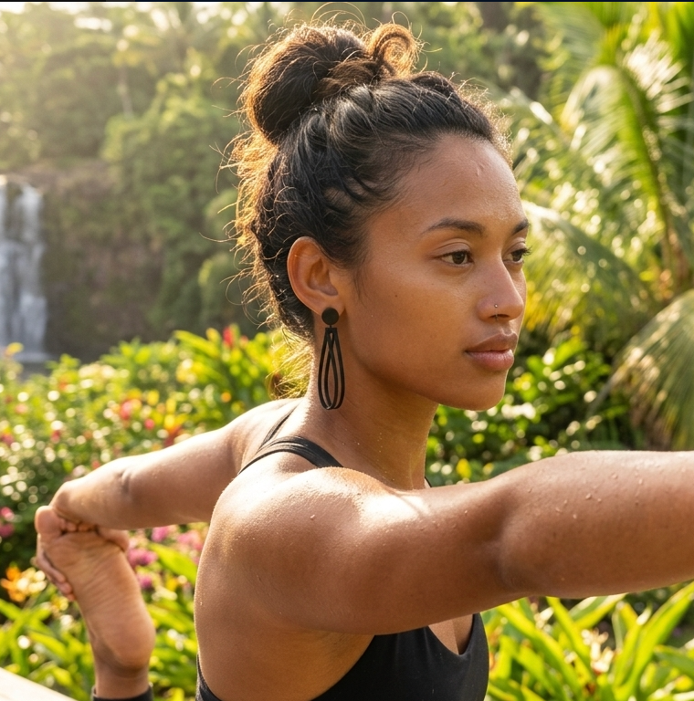 Woman doing yoga wearing black super sonic earrings | Verdari Performance Jewelry | KADEN & KAI
