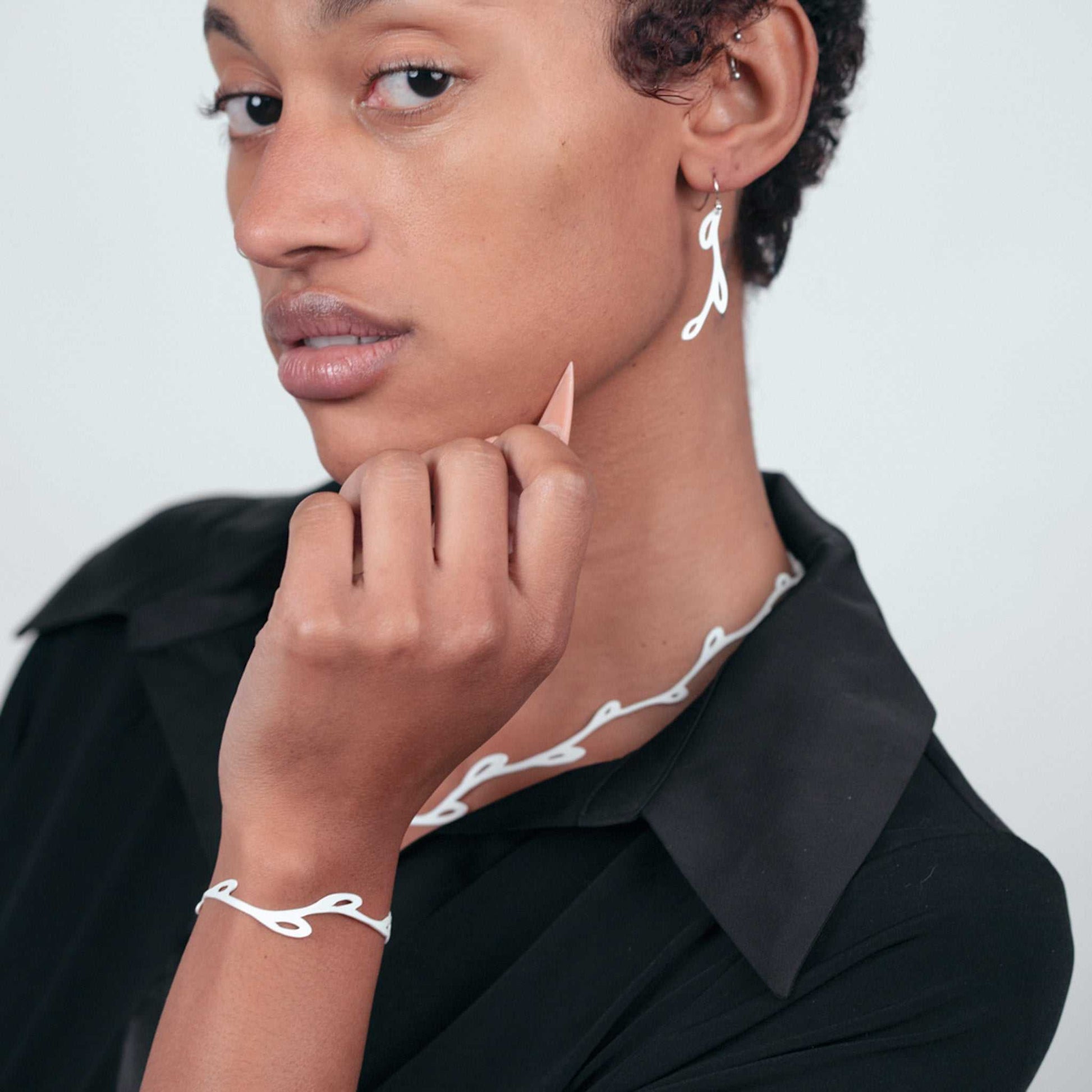 Sweet Ivy Earrings, Necklace and Bracelet handcrafted in White Verdasil™, Verdari™ collection — Designed For Motion. Performance jewelry by KADEN & KAI®.