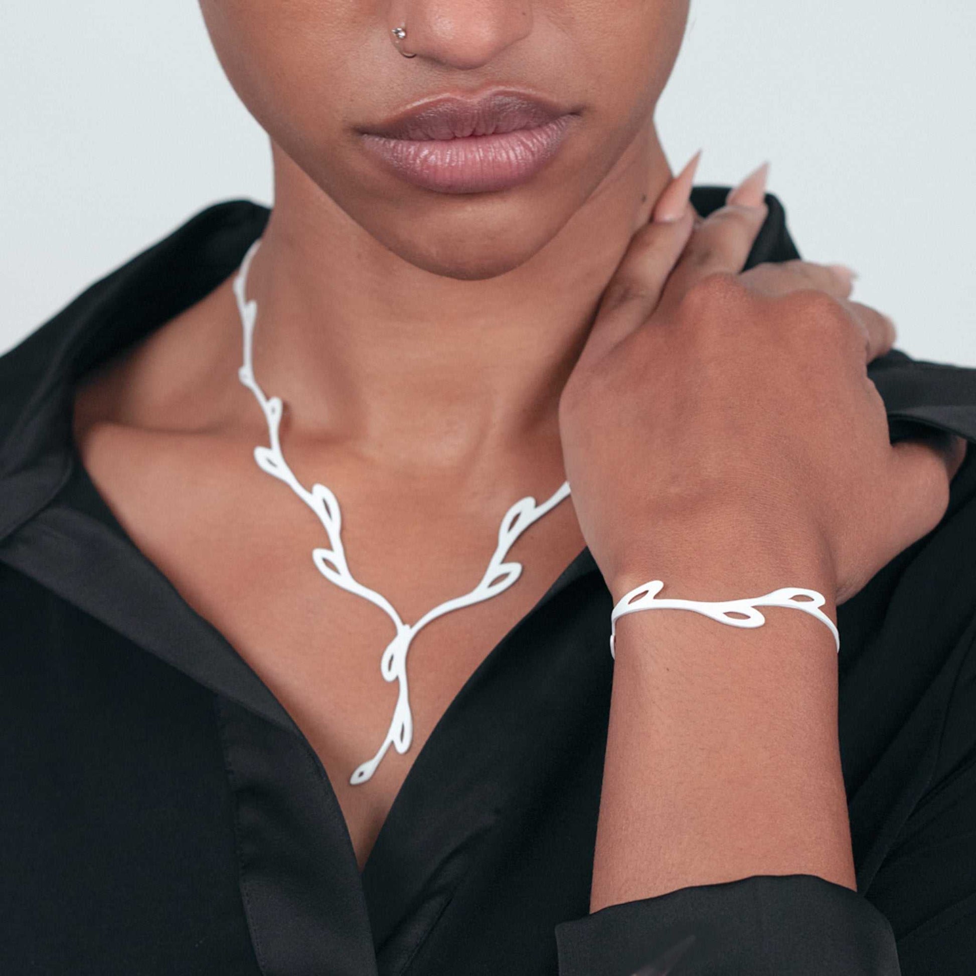 Sweet Ivy V Lariat Necklace and Bracelet handcrafted in White Verdasil™, Verdalux™ collection — Designs That Elevate. Performance jewelry by KADEN & KAI®.