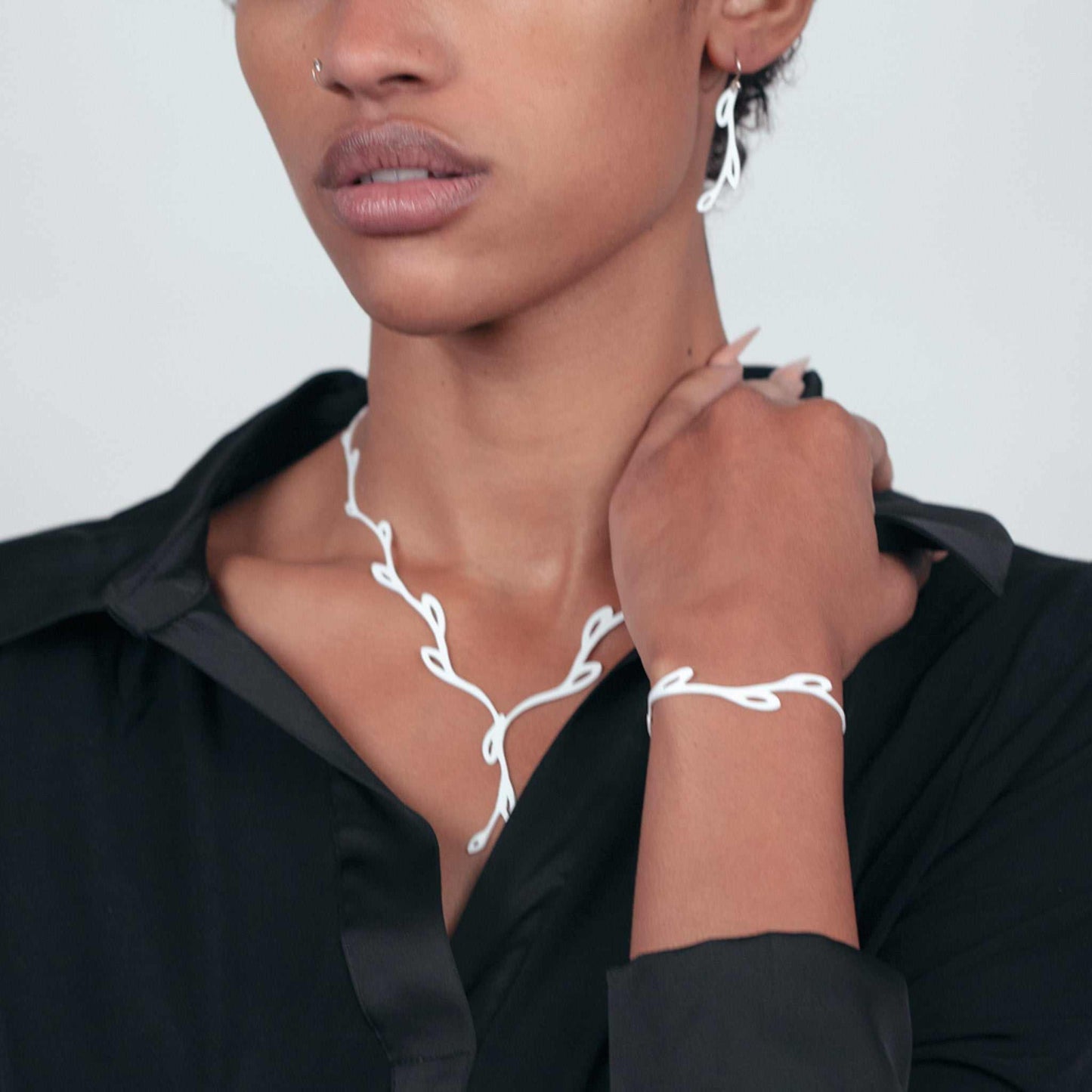 Sweet Ivy V Lariat Necklace, Earrings and Bracelet handcrafted in White Verdasil™, Verdalux™ collection — Designs That Elevate. Performance jewelry by KADEN & KAI®.