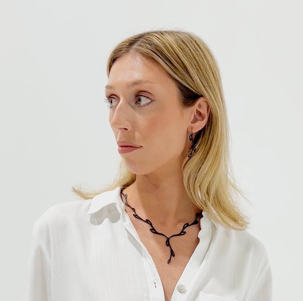 Sweet Ivy V Lariat Necklace and Earrings handcrafted in Black Verdasil® | Verdalure - Designs That Elevate | Sustainable Fashion Jewelry |  KADEN & KAI®
