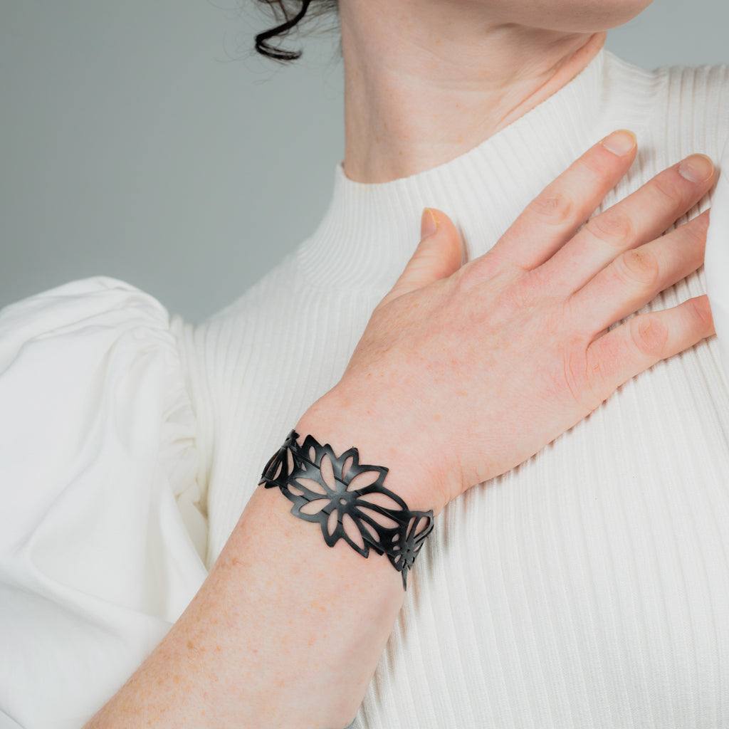 Tropical Flower Bracelet handcrafted in Black Verdasil™, Verdalux™ collection — Designs That Elevate. Performance jewelry by KADEN & KAI®.