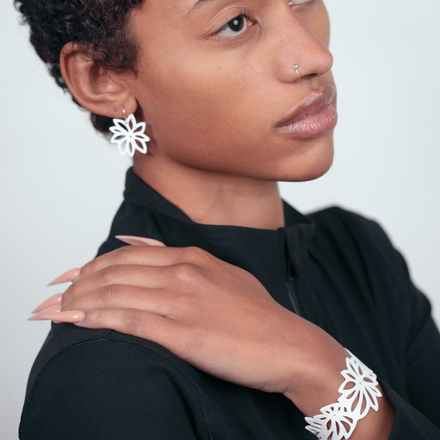 Tropical Flower Earrings and Bracelet handcrafted in Black Verdasil™, Verdalux™ collection — Designs That Elevate. Performance jewelry by KADEN & KAI®.