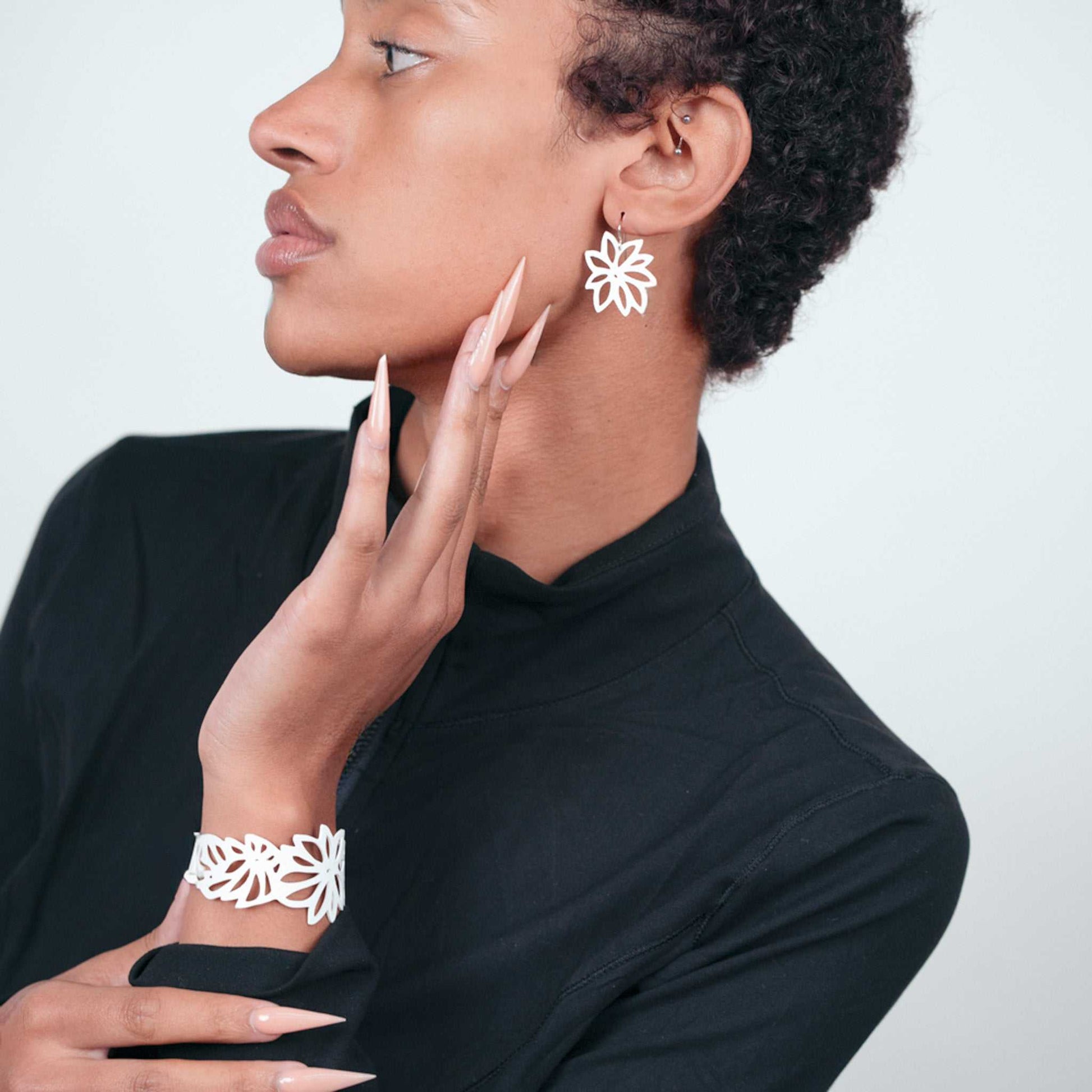 Tropical Flower Earrings and Bracelet handcrafted in White Verdasil™, Verdalux™ collection — Designs That Elevate. Performance jewelry by KADEN & KAI®.