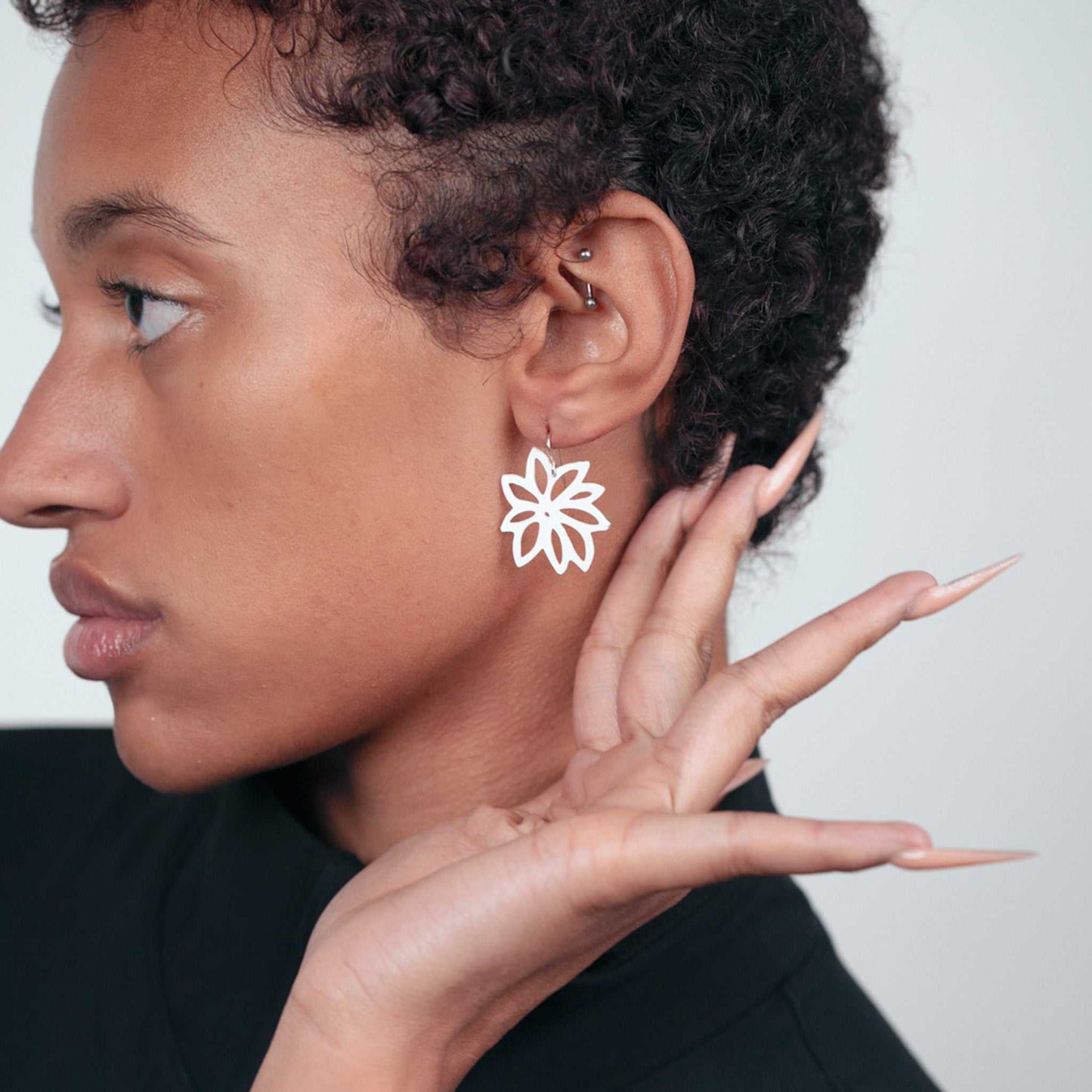 Tropical Flower Earrings handcrafted in White Verdasil™, Verdalux™ collection — Designs That Elevate. Performance jewelry by KADEN & KAI®.