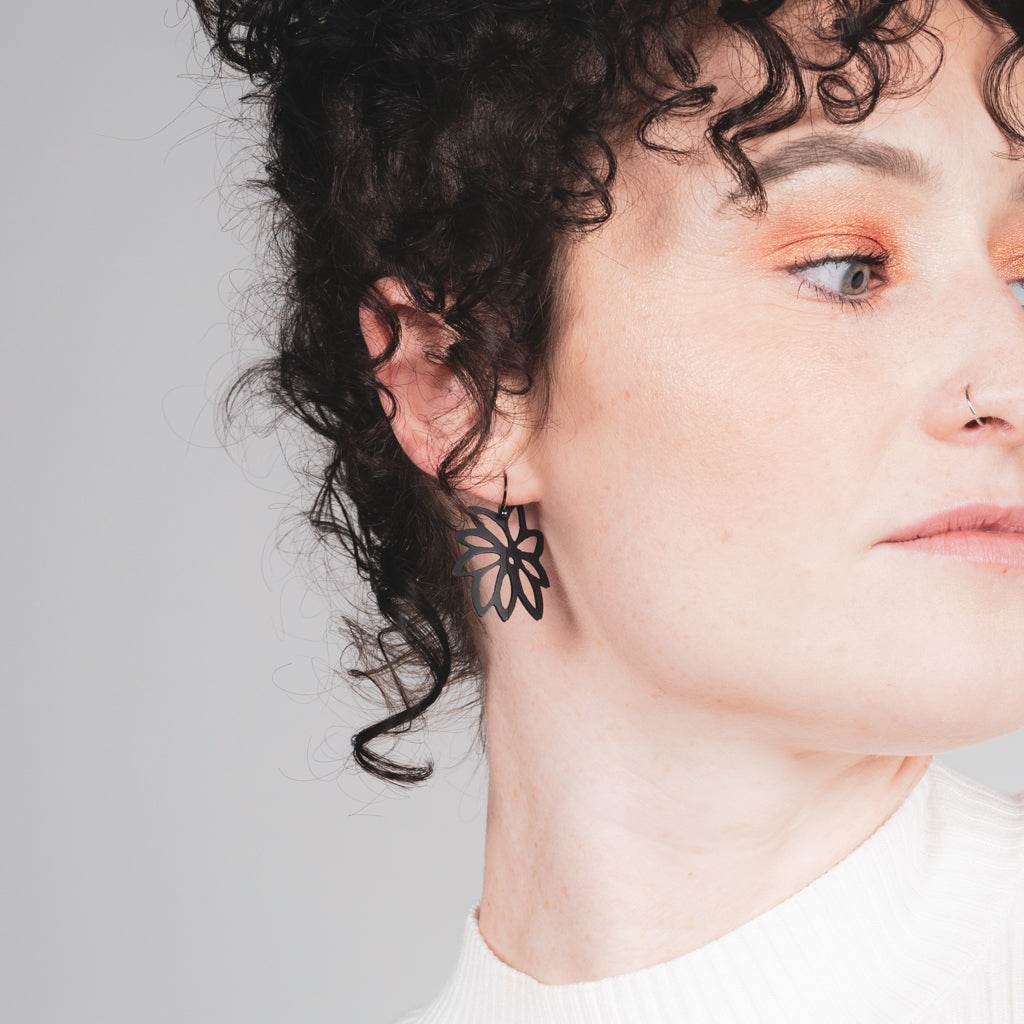 Tropical Flower Earrings handcrafted in Black Verdasil™, Verdalux™ collection — Designs That Elevate. Performance jewelry by KADEN & KAI®.