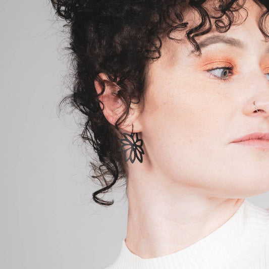 Tropical Flower Earrings handcrafted in Black Verdasil™, Verdalux™ collection — Designs That Elevate. Performance jewelry by KADEN & KAI®.