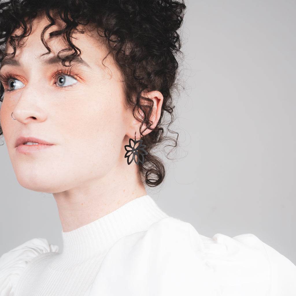 Tropical Flower Earrings handcrafted in Black Verdasil™, Verdalux™ collection — Designs That Elevate. Performance jewelry by KADEN & KAI®.