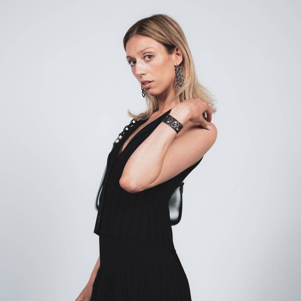 Tropical Vine Earrings and Bracelet handcrafted in Black Verdasil™, Verdari™ collection — Designed For Motion. Performance jewelry by KADEN & KAI®.