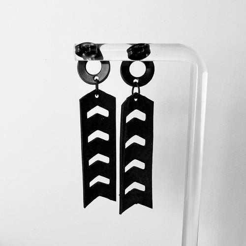 Back of Chevron Bicycle Tubes Earrings on Stand | Sustainable Fashion Jewelry | Kaden & Kai