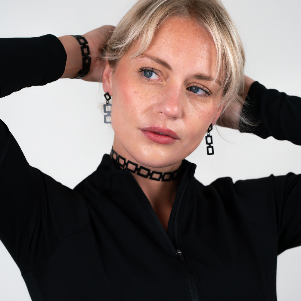 Chain Reaction Choker and Diamond+Chain Earrings handcrafted in Black Verdasil® | Verdari Performance Jewelry |  KADEN & KAI®