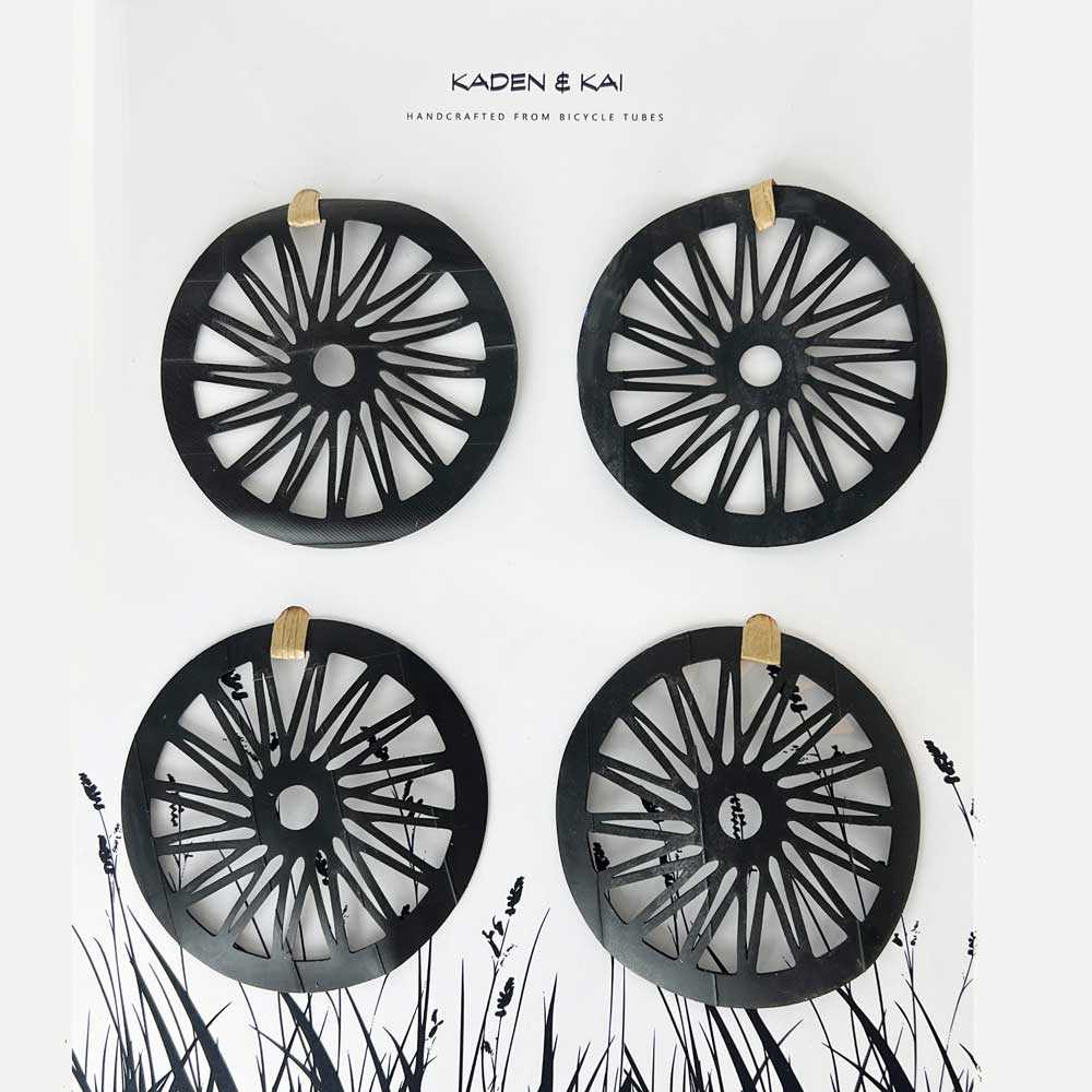 Coasters handcrafted from upcycled bicycle tubes.