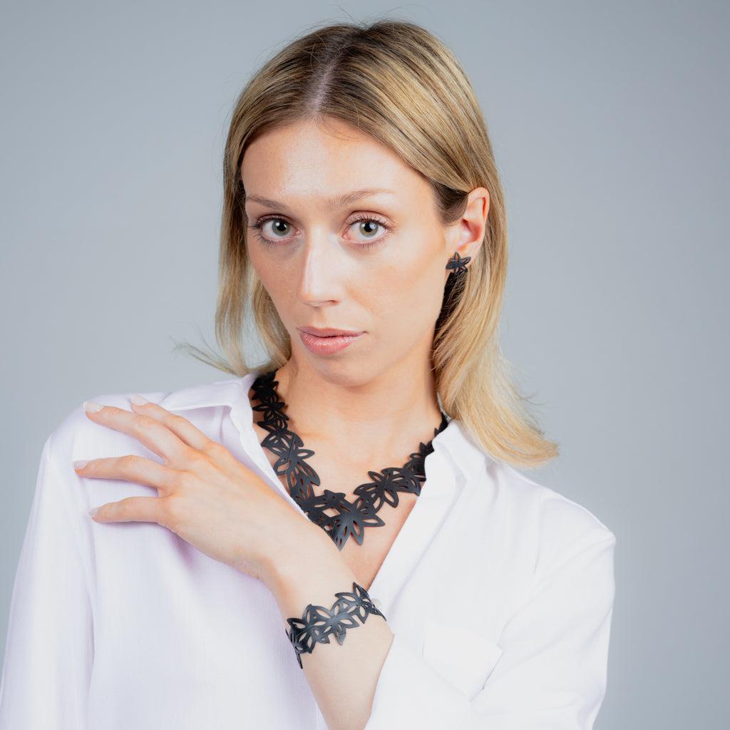 Wildflower Necklace, Button Earrings and Bracelet handcrafted in Black Verdasil™, Verdacious™ collection — Bold By Design. Performance jewelry by KADEN & KAI®.