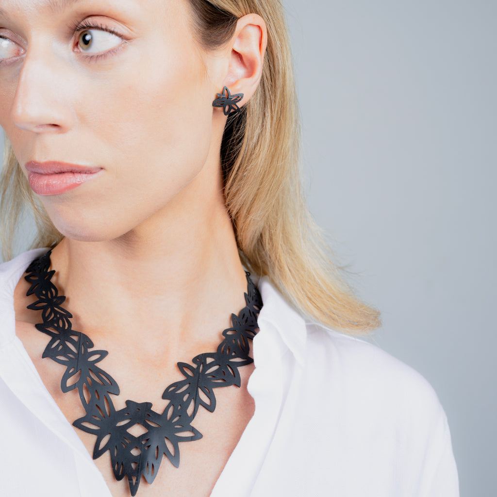 Wildflower Necklace and Button Earrings handcrafted in Black Verdasil® | Verdacious - Bold By Design | Sustainable Fashion Jewelry |  KADEN & KAI®