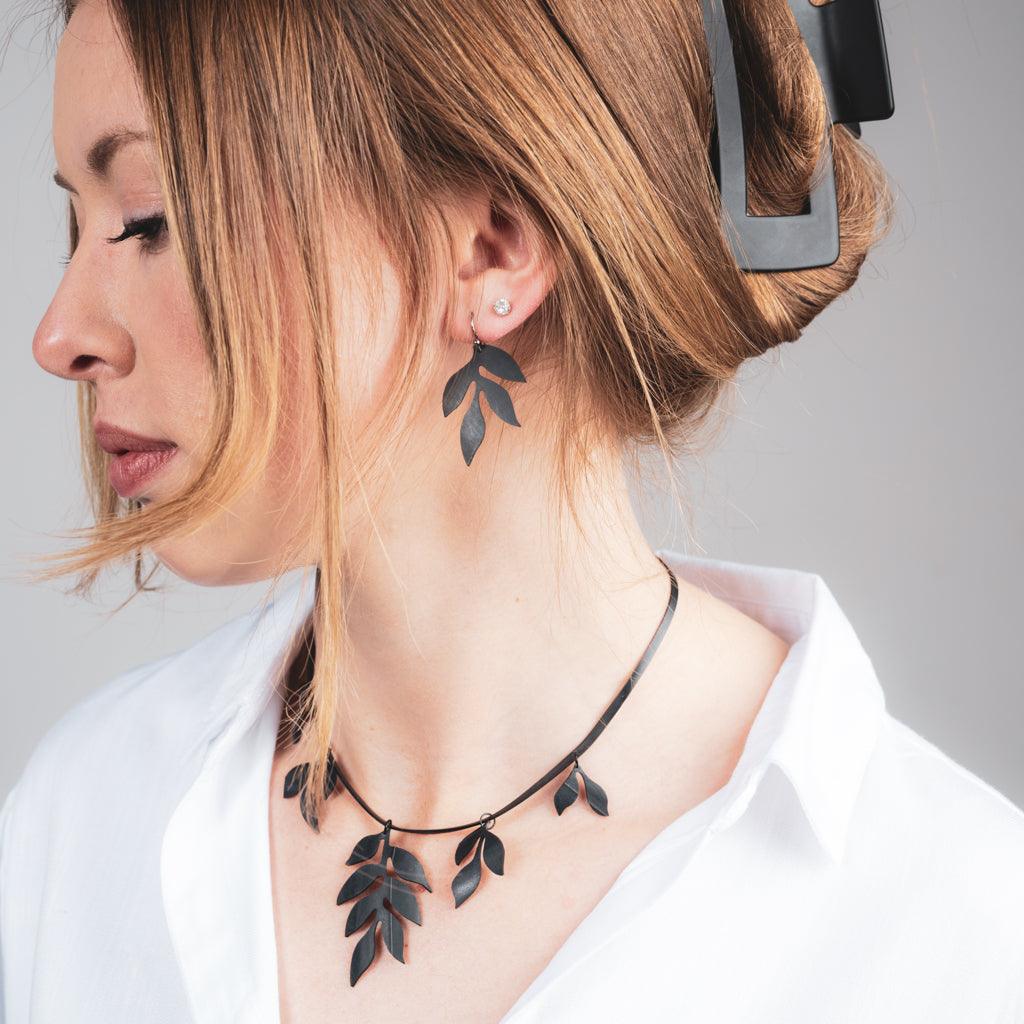 Wisteria Cascading Leaf Earrings and Cascading Vine Charm Necklace handcrafted in Black Verdasil® | Verdacious - Bold By Design | Sustainable Fashion Jewelry |  KADEN & KAI®