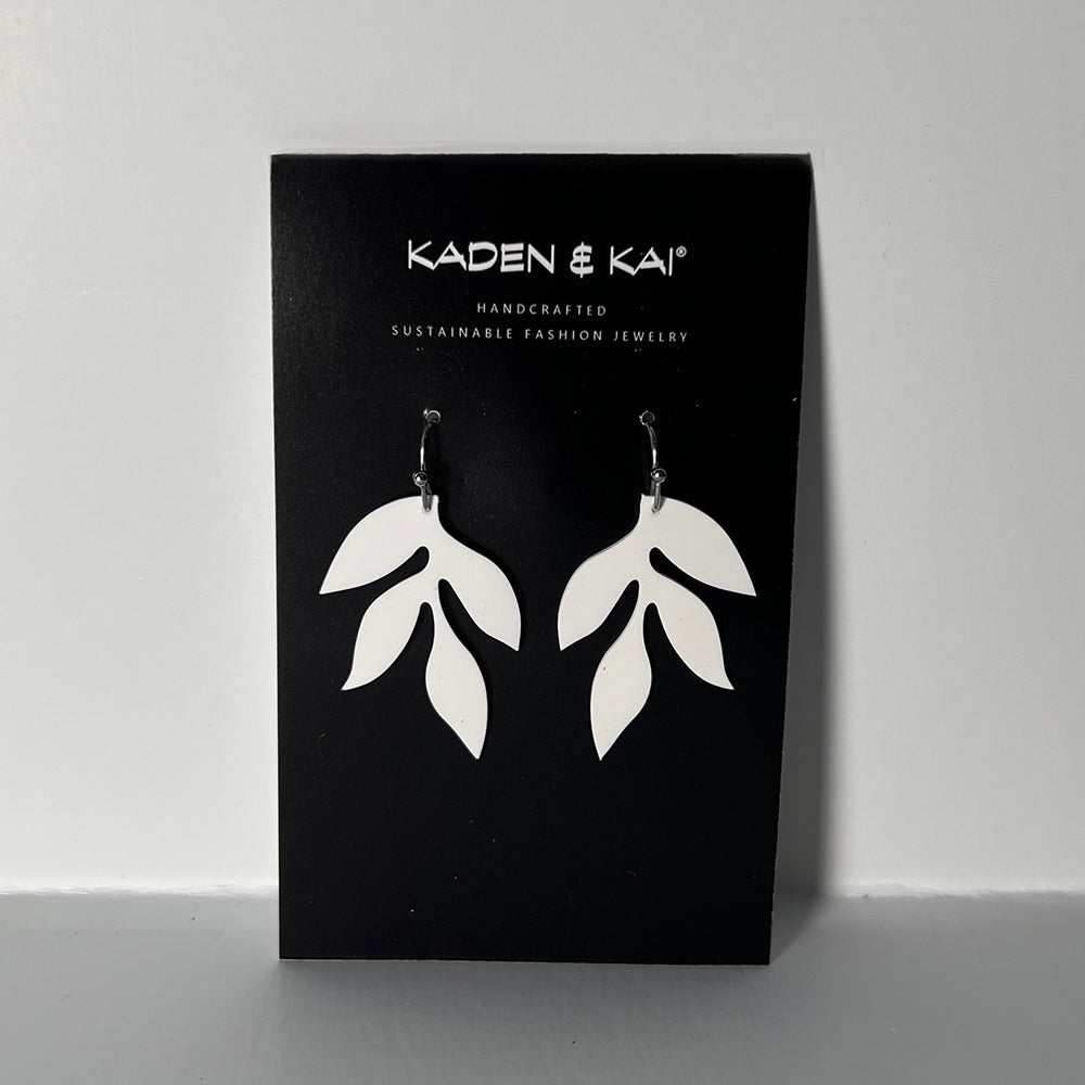 Wisteria Cascading Leaf Earrings handcrafted in White Verdasil® on display card | Verdari Performance Jewelry |  KADEN & KAI®