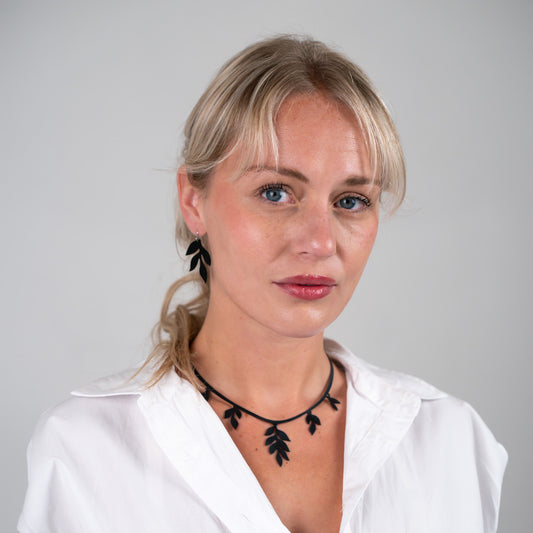 Wisteria Cascading Leaf Earrings and Cascading Vine Charm Necklace handcrafted in Black Verdasil® | Verdari Performance Jewelry |  KADEN & KAI®