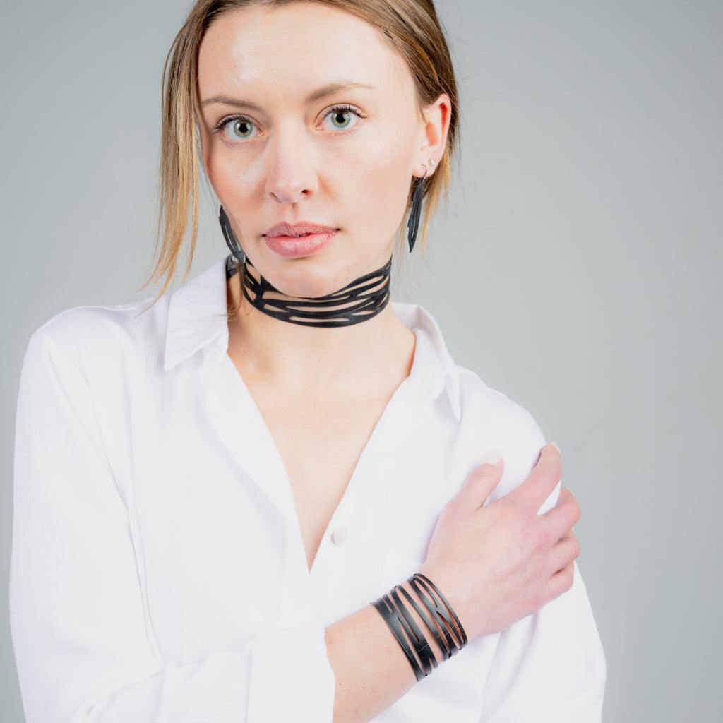 Zebra Earrings, Choker and Wrap Bracelet handcrafted in Black Verdasil® | Verdacious - Bold By Design | Sustainable Fashion Jewelry |  KADEN & KAI®