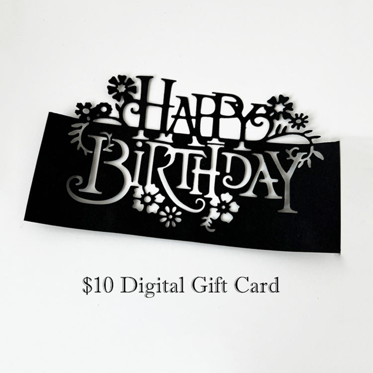 Decorative 'Happy Birthday' sign with digital gift card value on a white background