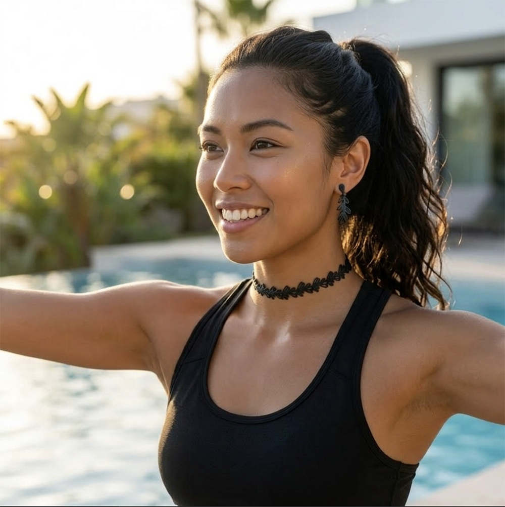 Woman at Pool Wearing Black Isla Choker and Earrings | Verdari Performance Jewelry | KADEN & KAI